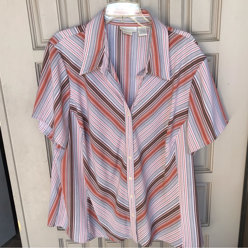 Worthington, 3X blouse, stretch, chevron, stripes, short sleeves  button down